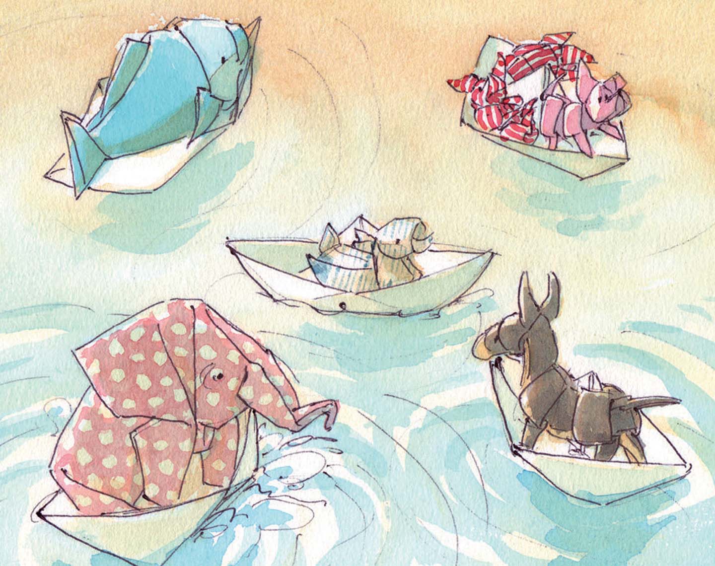 picture book illustration origami animals on boat