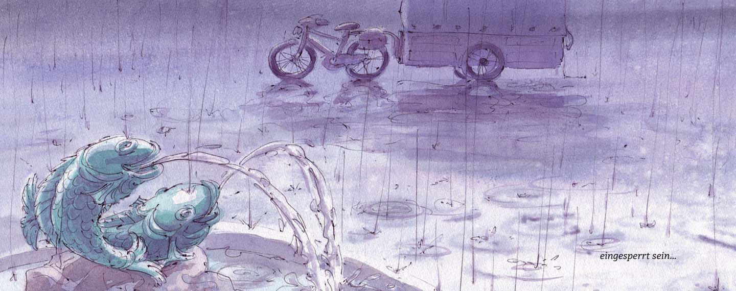 picture book illustration bike with trailer at fountain