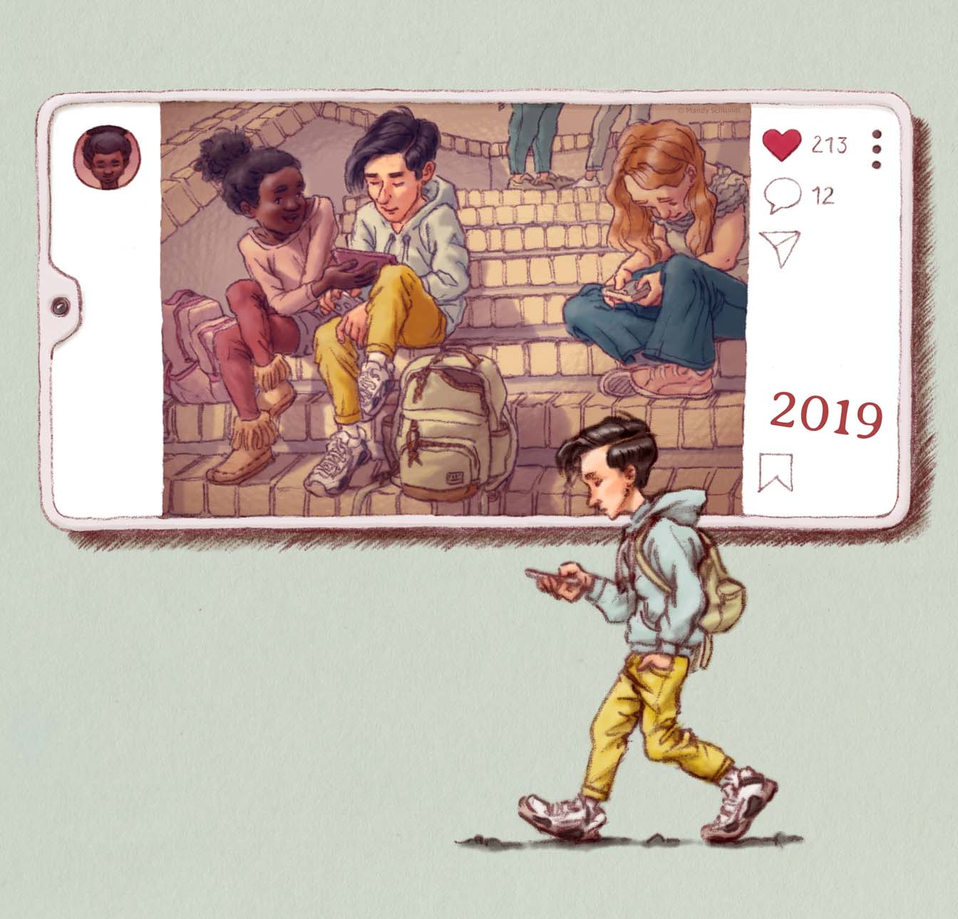 illustration 2020ies boy walking with smartphone