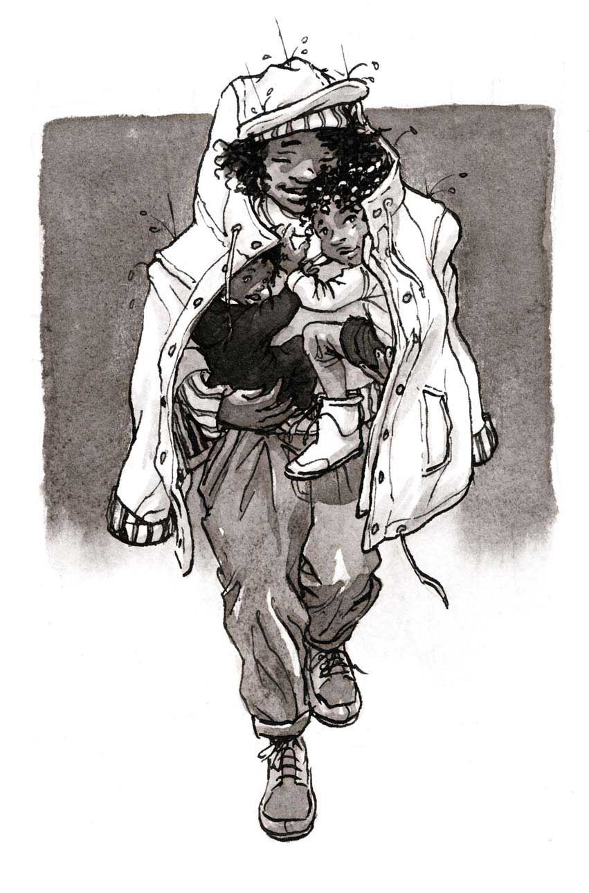 ink drawing illustration black woman carrying two kids