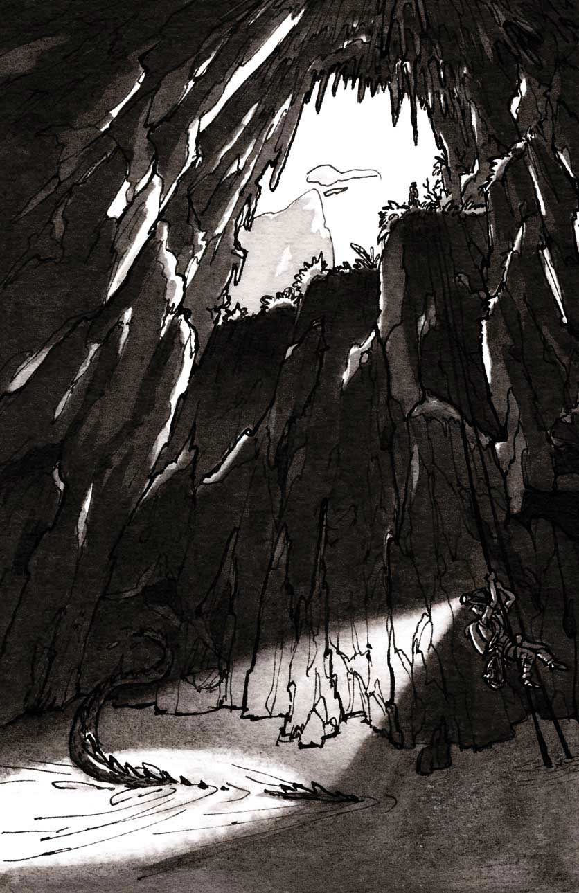 ink drawing illustration cave exploration monster