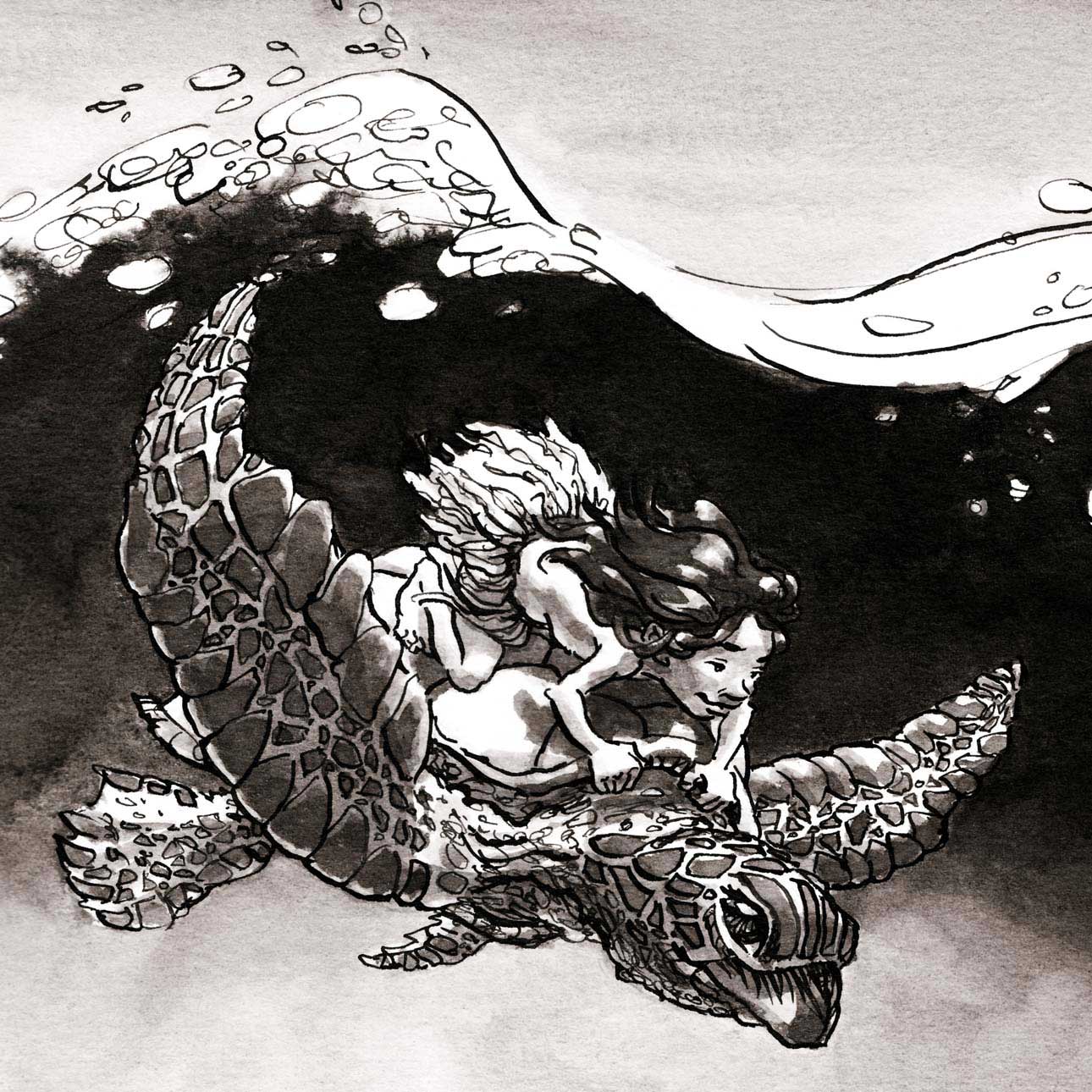 ink drawing illustration hawaiian girl riding sea turtle