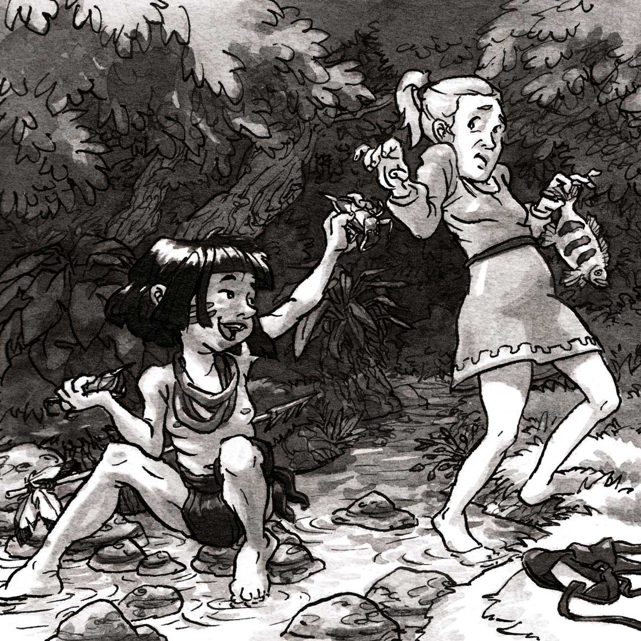 ink drawing illustration indigenous girl passing insect to white girl