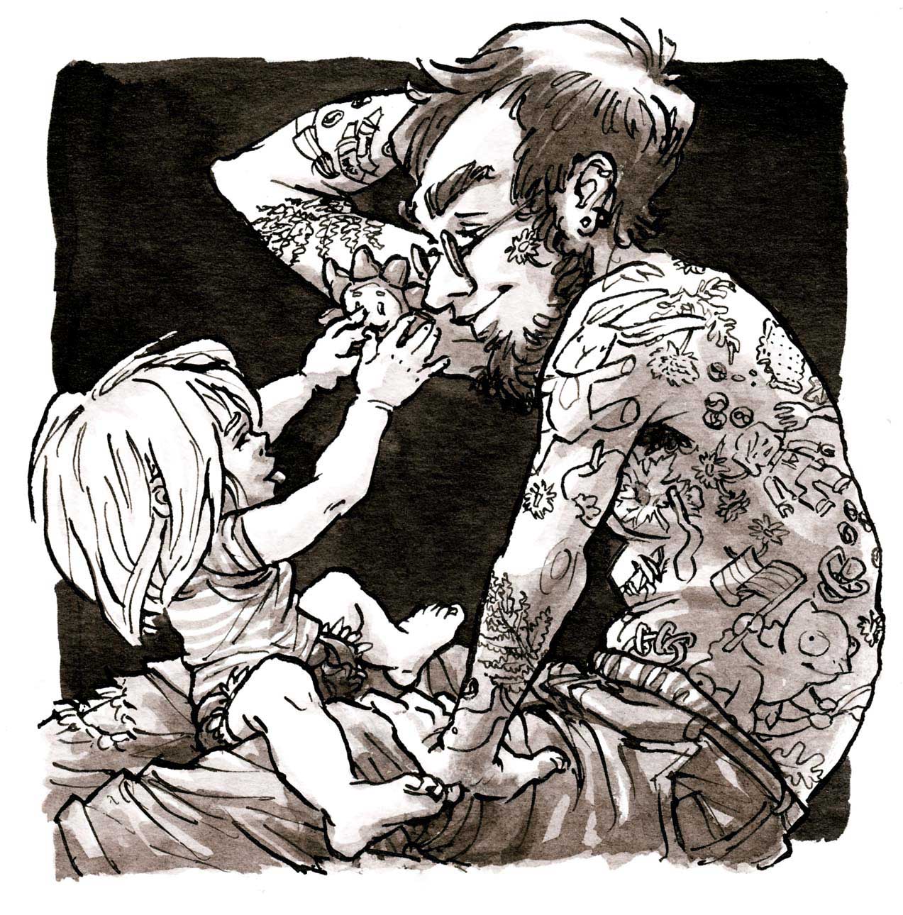 ink drawing illustration tattooed daddy toddler on lap