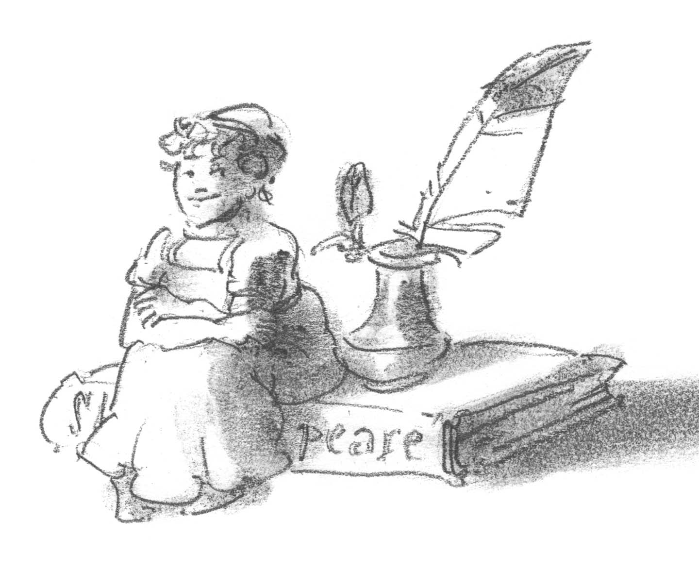 illustration of jane austen sitting on big book