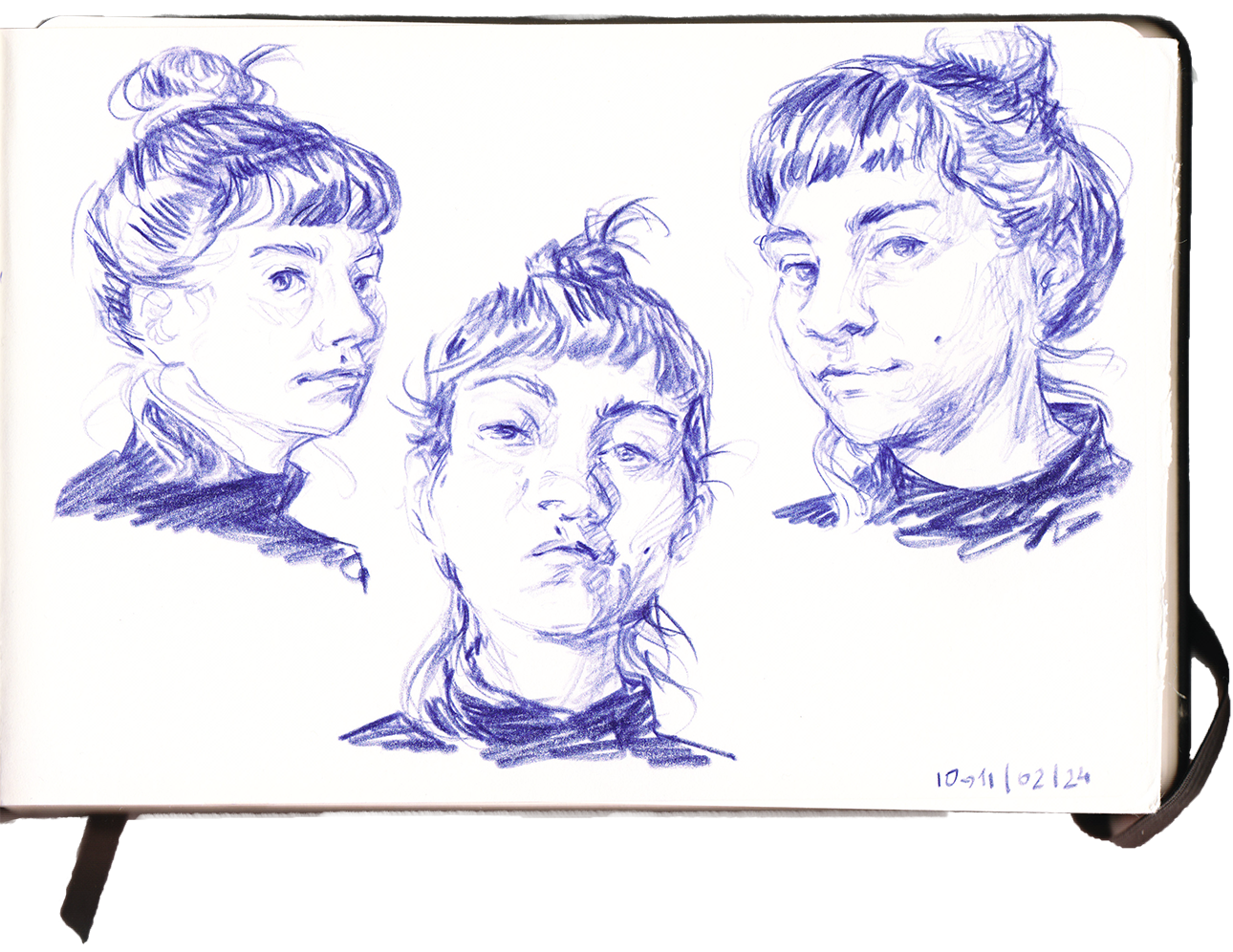 pencil drawing three times female portrait in sketchbook