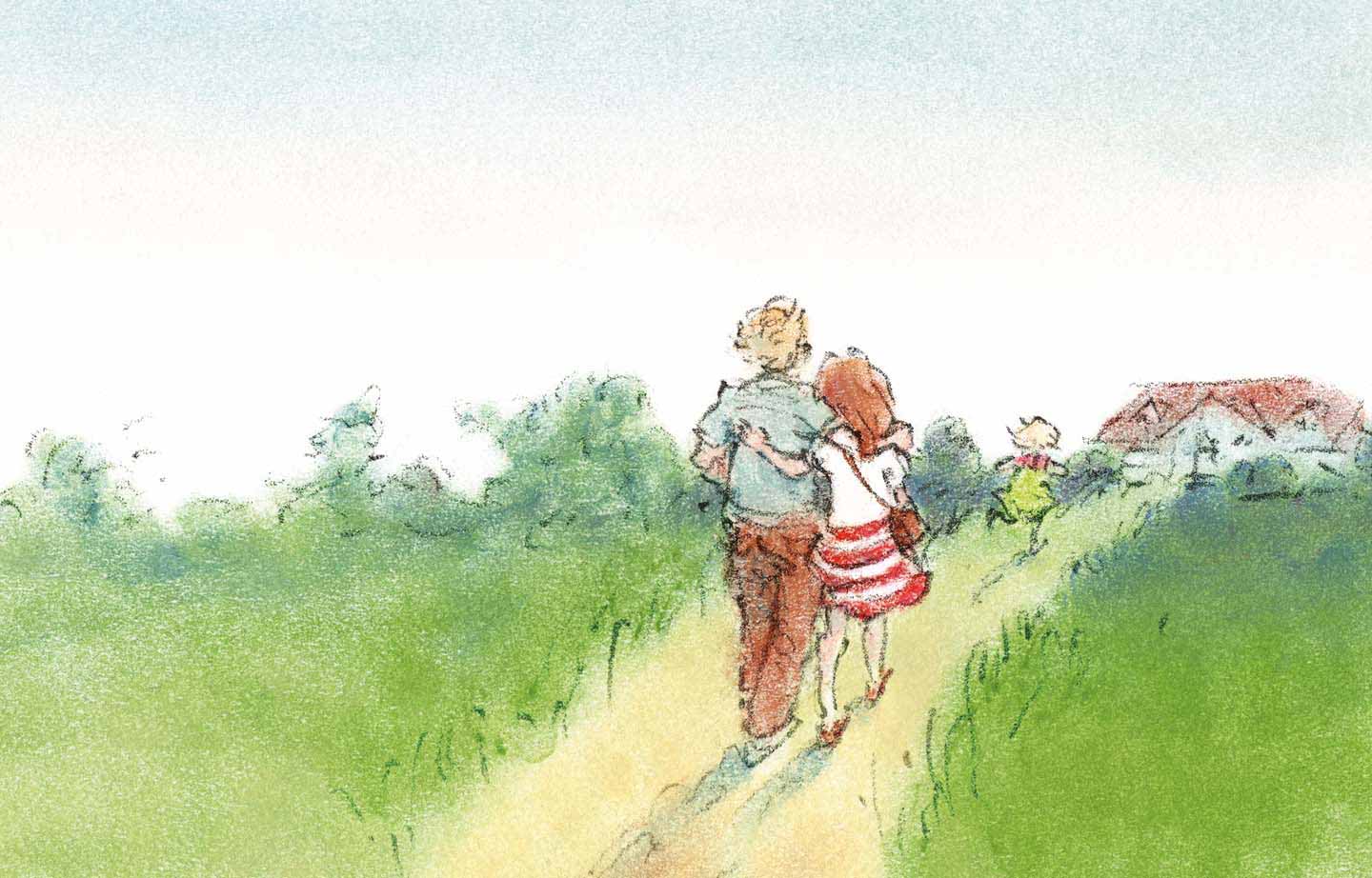 picture book illustration girl and parents walking towards house