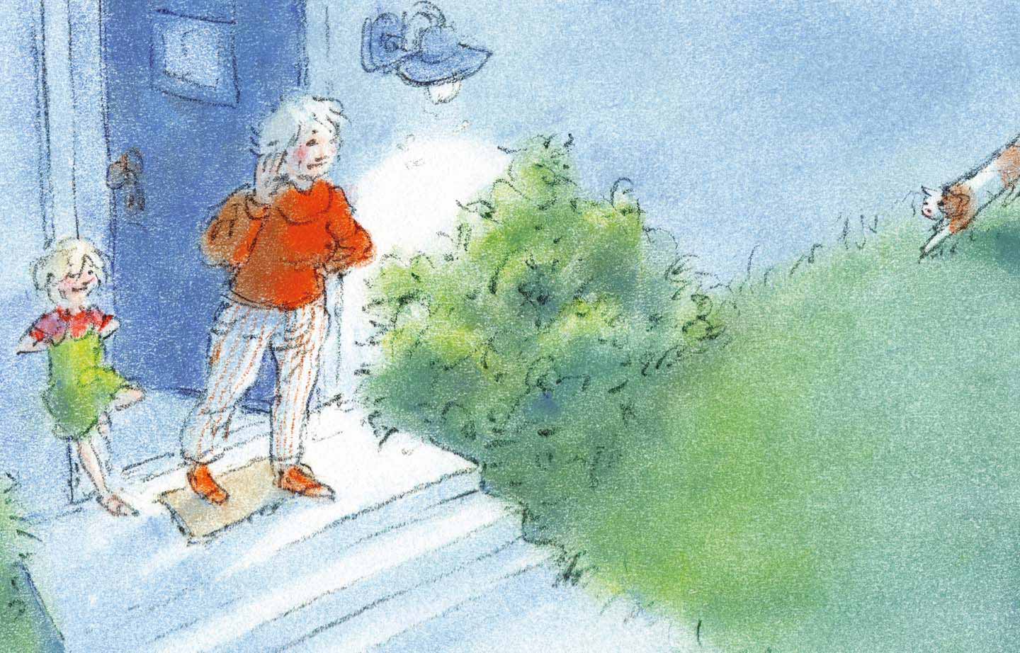 picture book illustration girl and granny at door waving
