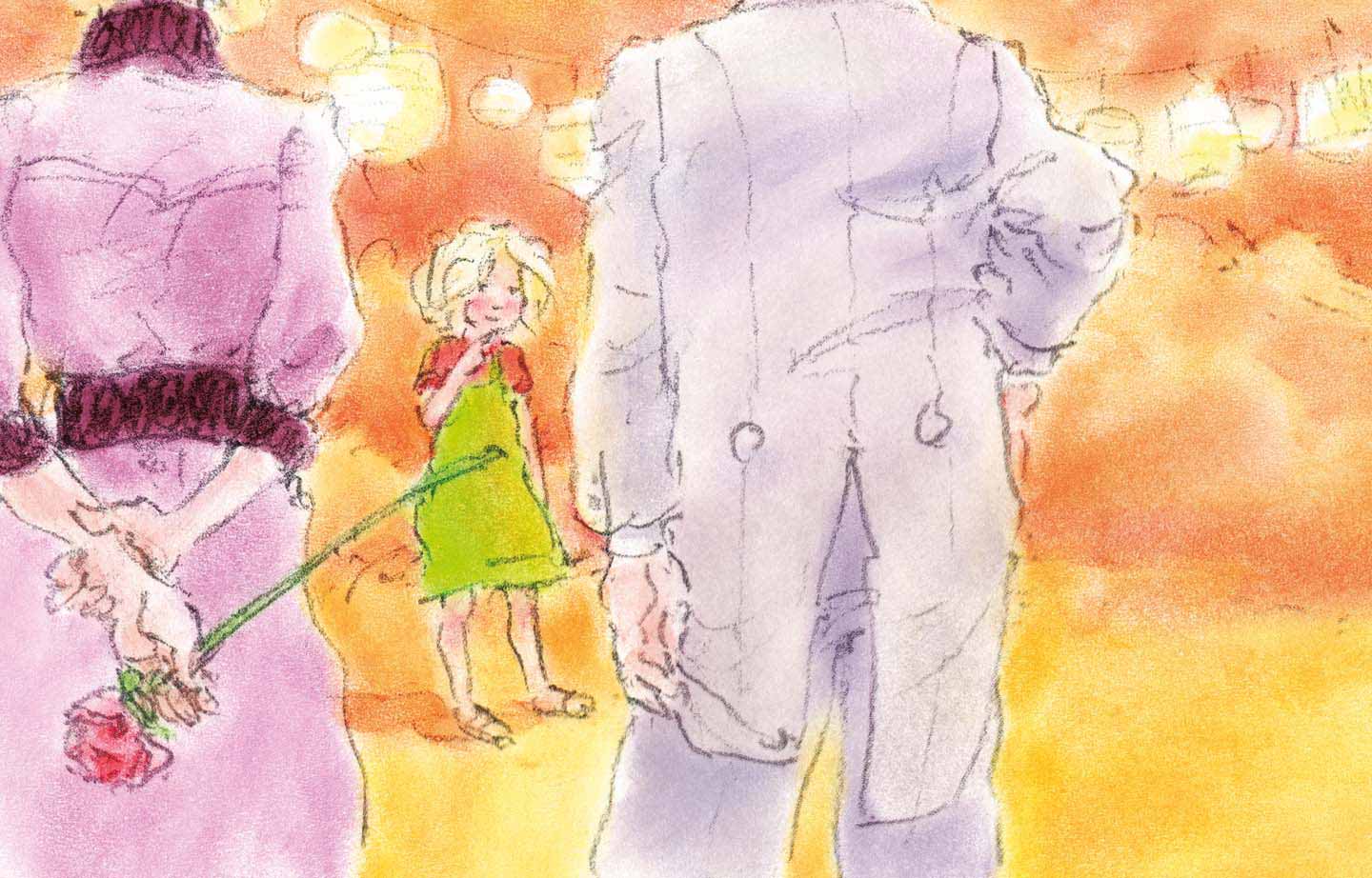 picture book illustration girl and old peopla on dance